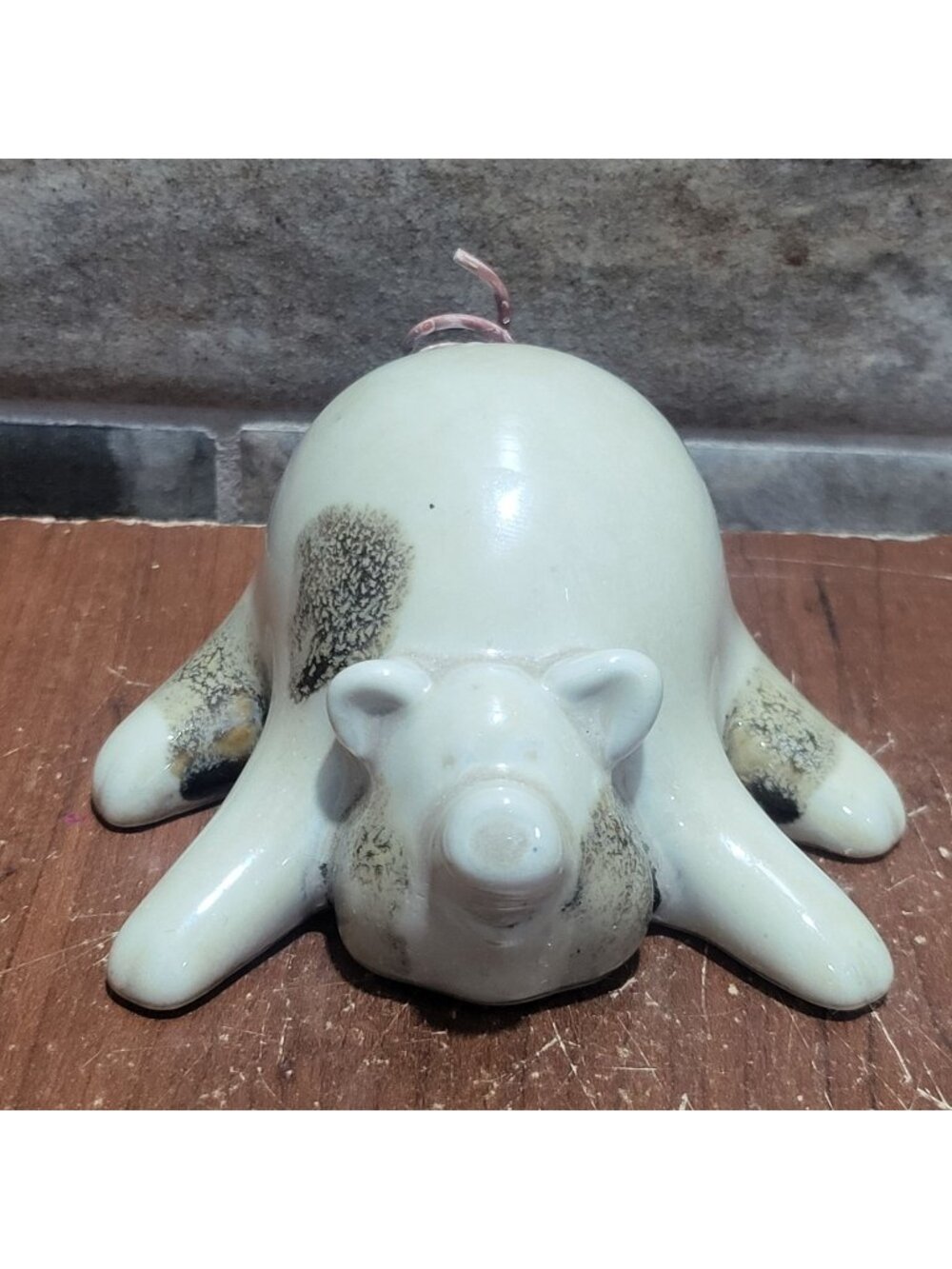 117 T Cream Glazed Ceramic Piglet Figurine Small Curly Wire Tail Decorative Blac